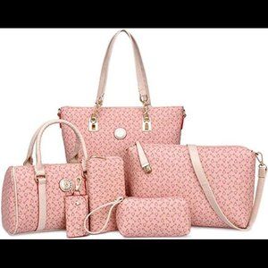 6 Pcs Handbag Tote Shoulder Bag PU Hobo Satchel Purse Clutch Wallet Key Holder